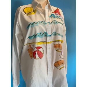 Vintage 80's Creative Artwear Hand Painted Beach Menswear Shirt Cotton Blend L